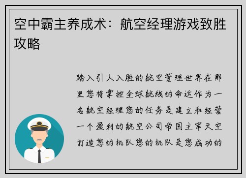 空中霸主养成术：航空经理游戏致胜攻略