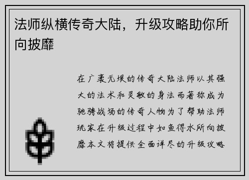法师纵横传奇大陆，升级攻略助你所向披靡